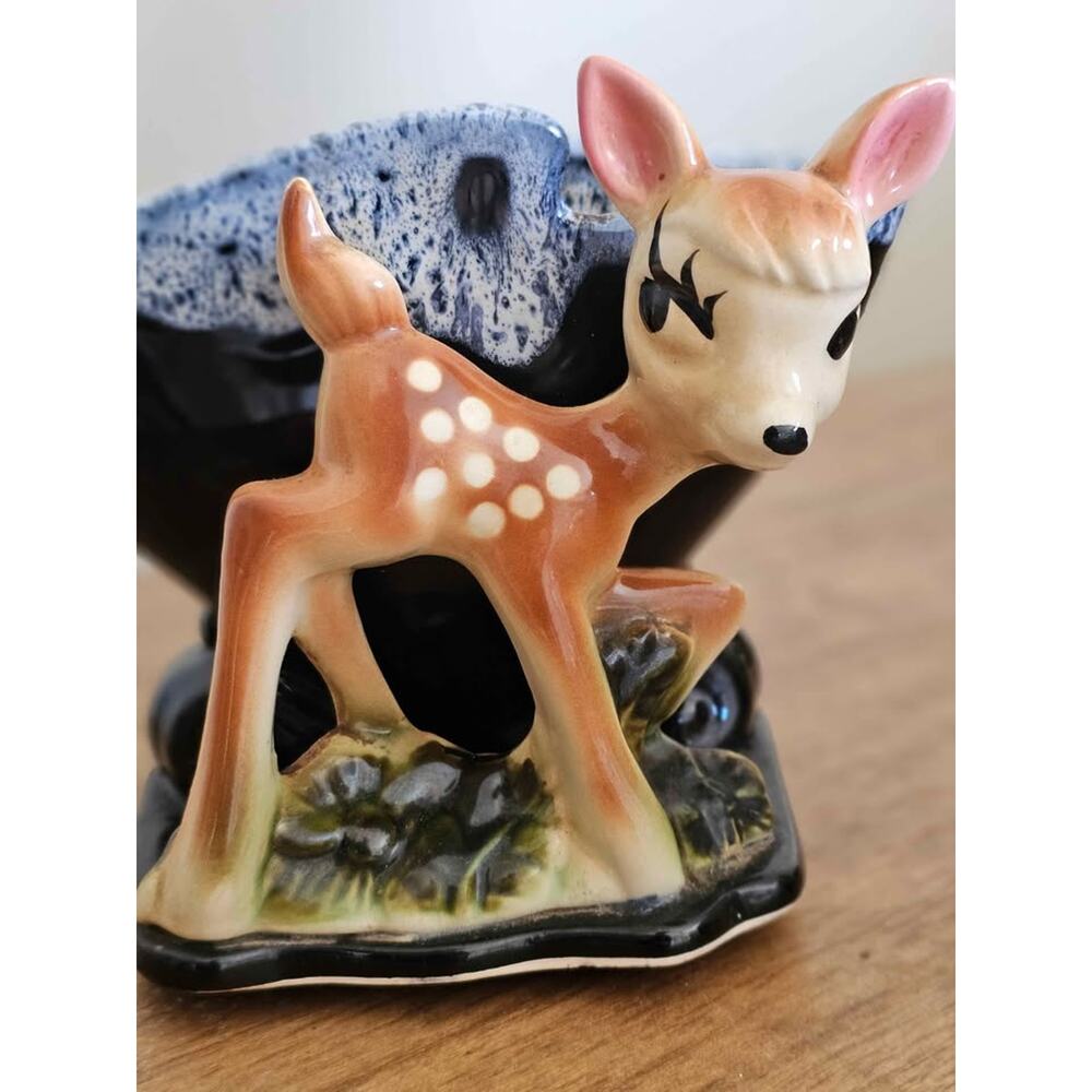 Mid century Kitschy Bambi deer blue retro drip glaze planter vase.